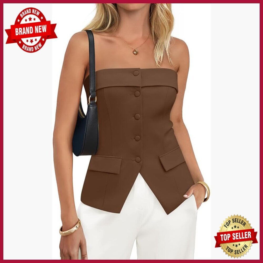 Strapless Blazer Vest Sleeveless Button Down Waistcoat Women's Dressy Top